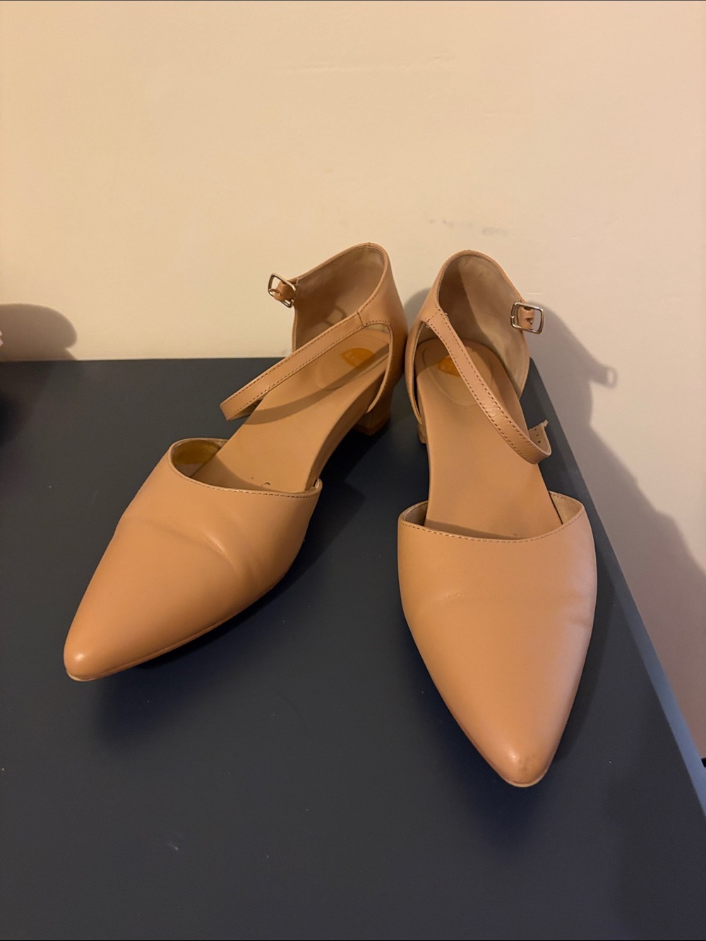 Bared Footwear Tan Pointed-Toe Ankle Strap Low Block Heels